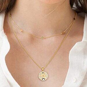 18K Gold Moon Star Lion Evil Eye Pendant Necklace Medallion Paperclip Chain